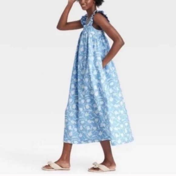 A NEW DAY LINEN BLEND RUFFLE SLEEVE FLORAL BLUE AND WHITE ALINE DRESS - Picture 5 of 8